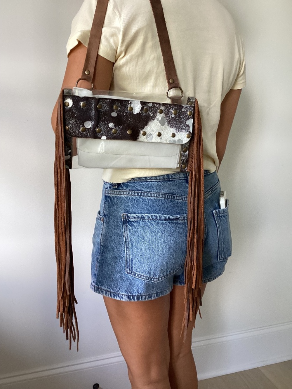 Clear plastic western cowhide leather tassel crossbody stadium concert purse